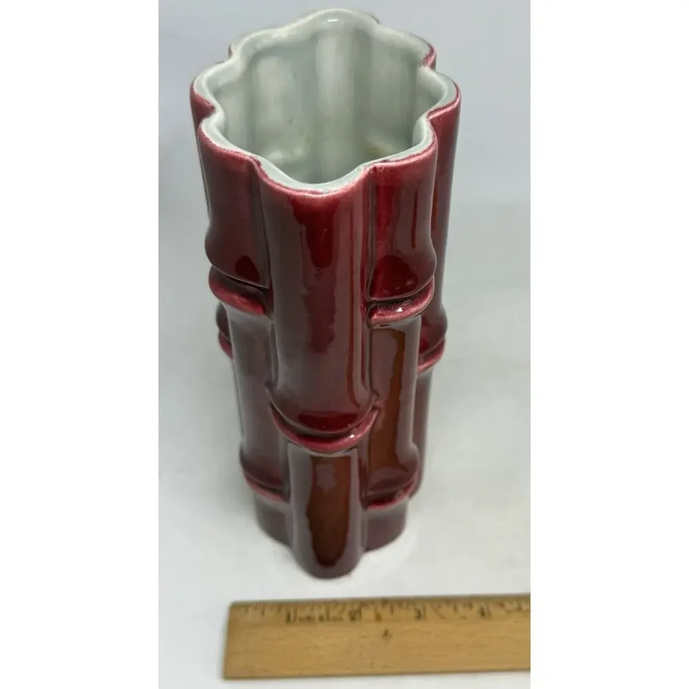Red Wing USA Burgundy Bamboo Ceramic 7.5” Tall Vase #400 Light Grey interior VTG